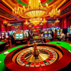 Experience the thrill of betting at ggwin casino, featuring vibrant roulette wheels and excited players at the gaming tables.