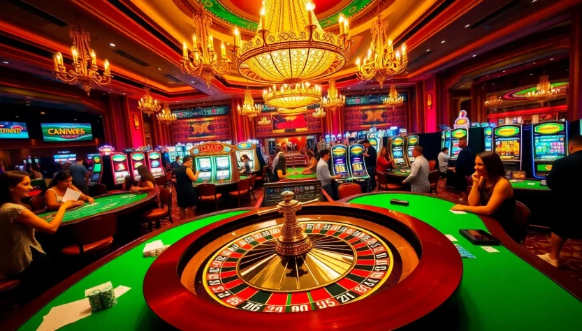 Experience the thrill of betting at ggwin casino, featuring vibrant roulette wheels and excited players at the gaming tables.