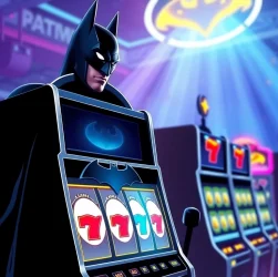Bermain judi slot online batman138 di mesin slot bertema Batman dengan cahaya neon.
