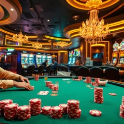 Experience the thrilling atmosphere of GO99COM in a vibrant casino scene filled with poker tables, roulette wheels, and lively players.