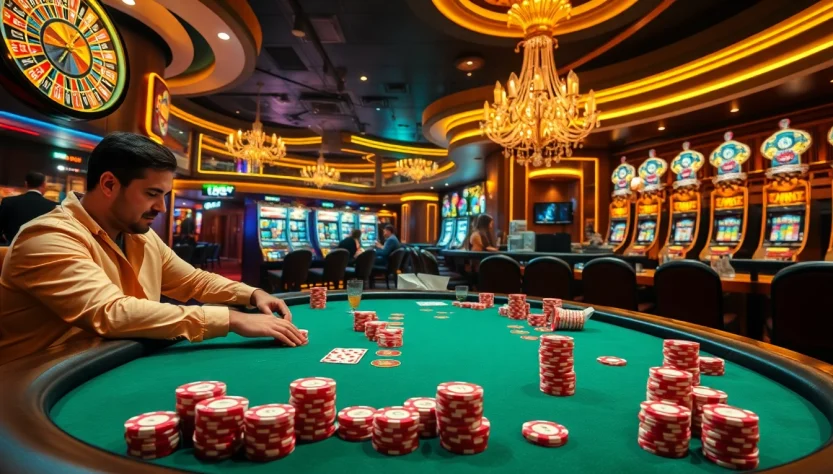 Experience the thrilling atmosphere of GO99COM in a vibrant casino scene filled with poker tables, roulette wheels, and lively players.