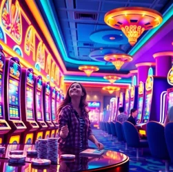 Explore situs slot gacor through an exciting casino scene with players engaging in vibrant slot machines.