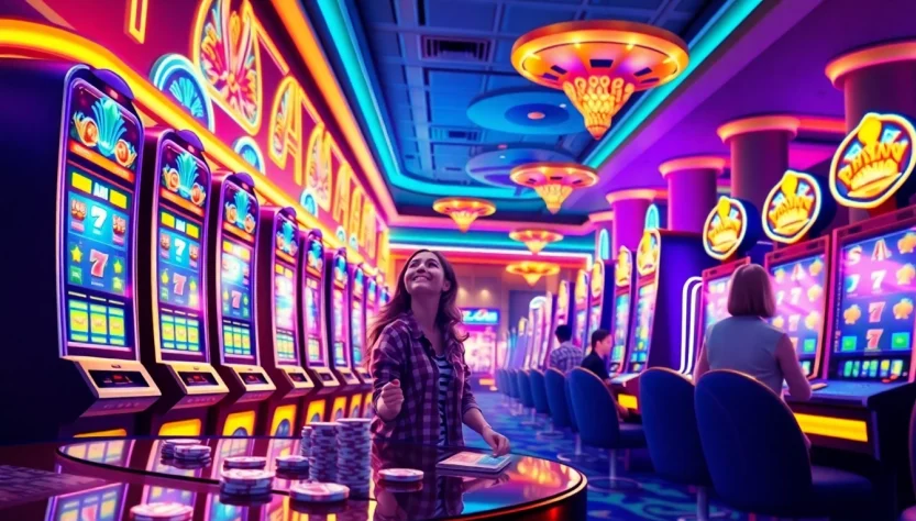 Explore situs slot gacor through an exciting casino scene with players engaging in vibrant slot machines.